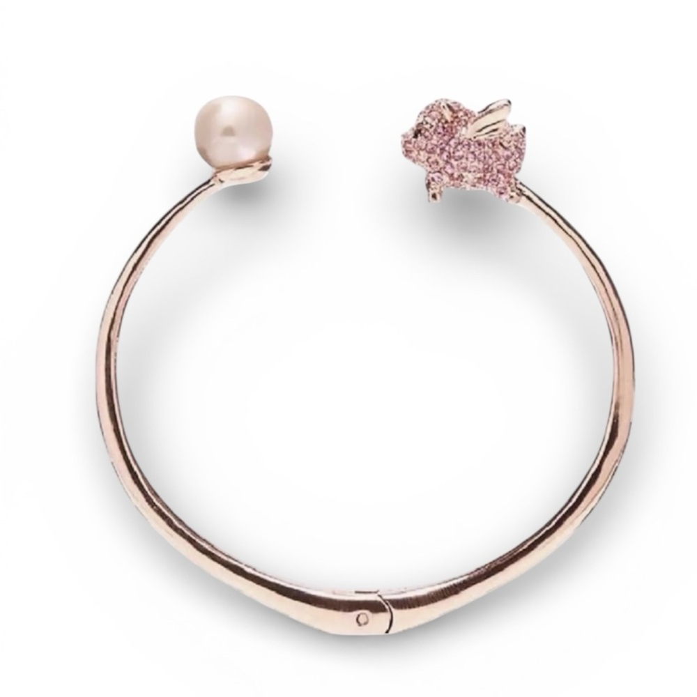 Kate Spade New York 12K Gold Pink Imagination Pig Open Hinge Bangle Bracelet - Picture 4 of 5
